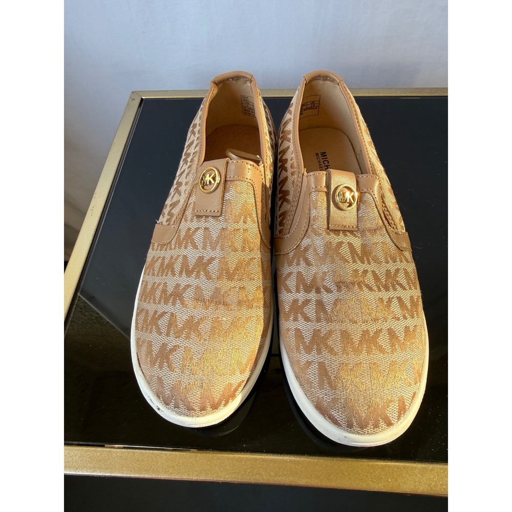 Michael Kors Noa Tan Gold Monogram Logo Slip On Sneakers Shoes Womens Size 3 - Picture 3 of 6